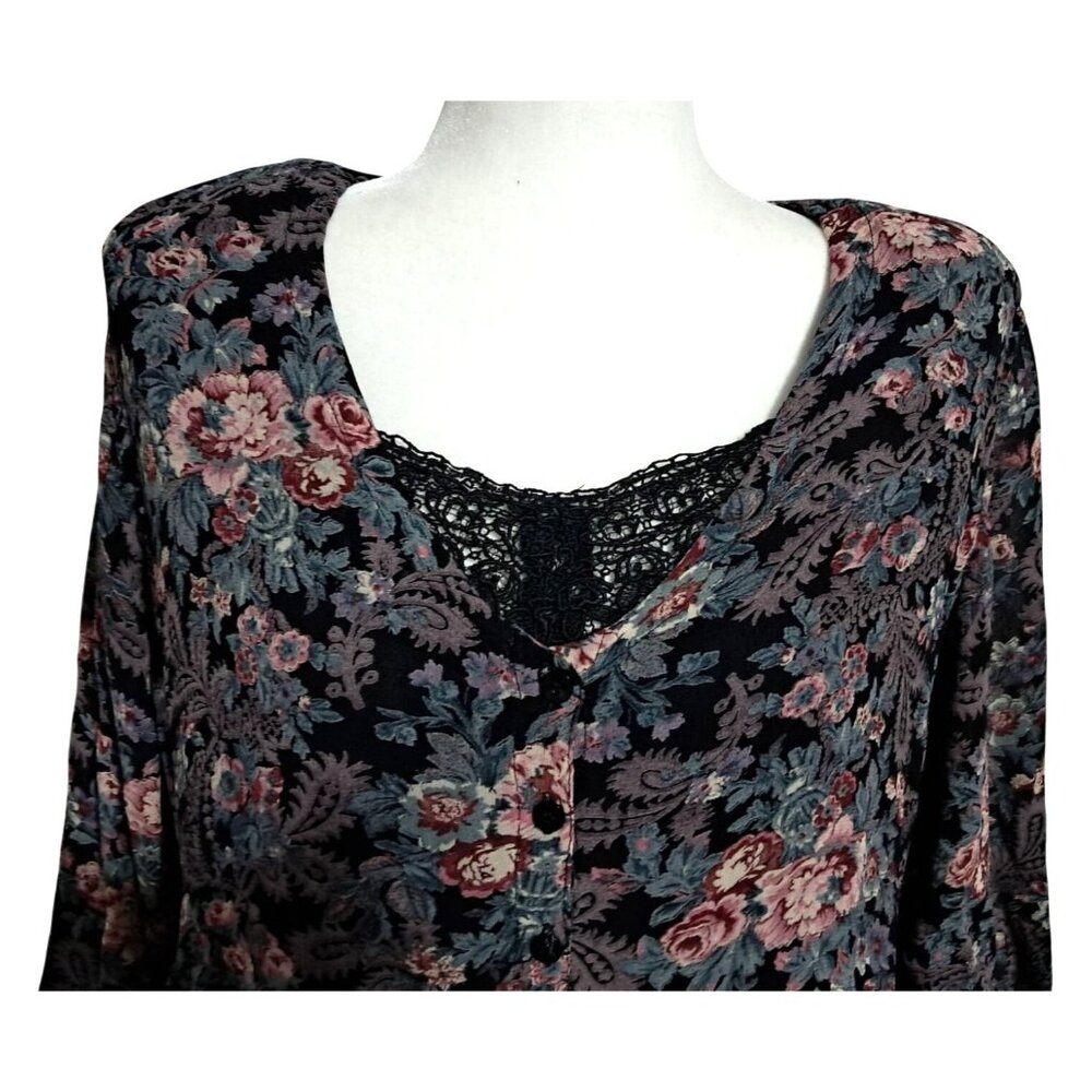 Vintage Nostalgia Floral Tiered Boho Maxi Midi Dress M Black Multicolor Gauzy 10 - Picture 4 of 16